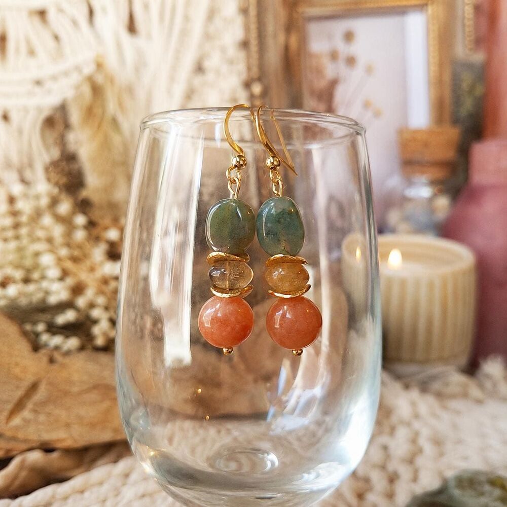 Indian Agate Sunstone Earrings, Gold Boho Gemstone Dangles